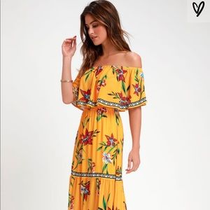 yellow floral print off-the-shoulder maxi dress